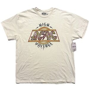 NEW AC/DC High Voltage T-Shirt L Cream Graphic Tee Retro Rock Band Distress ACDC